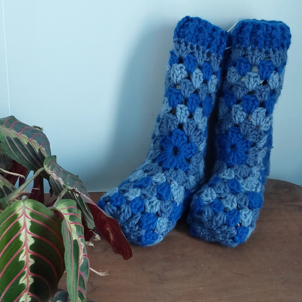 Men’s Crochet Slippers, 4 Shades of Blue, Handmade Granny Squares, Cozy Unisex